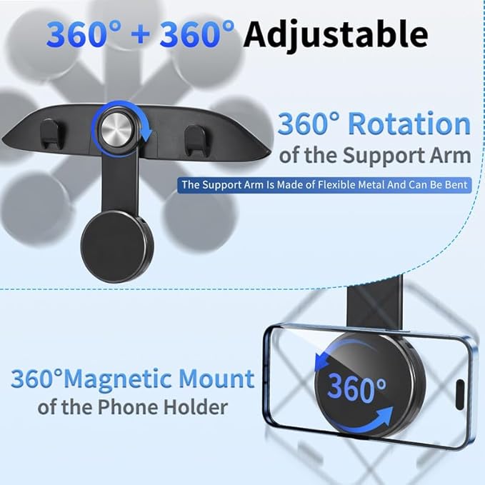 Tesla Model 3 Model Y Accessories 2025-2021, 4 in 1 Car Seat Hooks & 720 Degrees Adjustable Phone Holeder for Car Seat, Automotive Back Seat Back Organizers Hanger Holder Hook （Magnetic Type