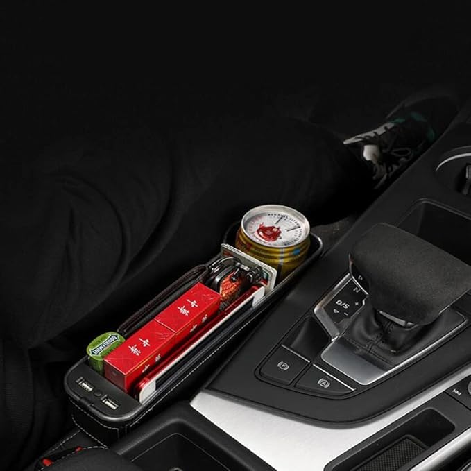 Tumecos Car Seat Gap Organizer with Light Multifunctional,with Small Cup Holder, Storage Box Car Seat Organizer, Car Seat Gap Filler with 2 USB Super Fast Charge Ports(Black, Passenger’s Side)