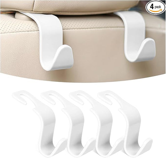 Osilly Car Seat Headrest Hook, 4 Pack Auto Seat Hanger Storage Organizer for Purse Handbag Coats Grocery Bags, Car Interior Accessories, Universal Vehicle Backseat Plastic Hanging Hook（White）