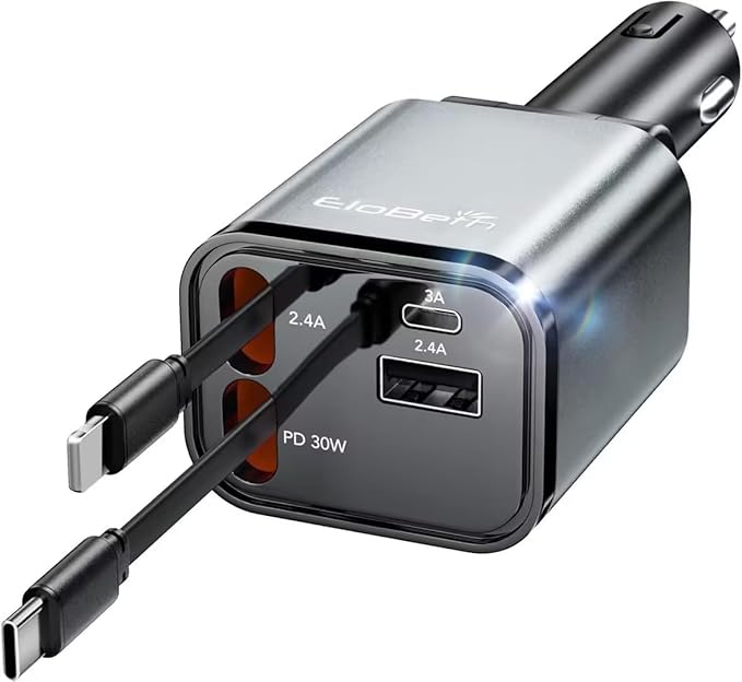 Retractable Car Charger Adapter for iPhone 17,4 in 1 Fast Charging Car Phone Charger,69W USB C Car Truck Accessories,Road Trip Essentials Gift for Men Women for iPhone 17 Pro Max/16/15/14,Galaxy S26