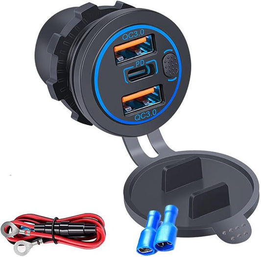 3 Ports 18W USB Car Charger with Switch, 12-24V Dual QC 3.0 USB & PD USB C Cigarette Lighter Socket Outlet, Dashboard Mount Quick Charge Charger for Car Motorcycle Truck Marine Boat,Blue Light