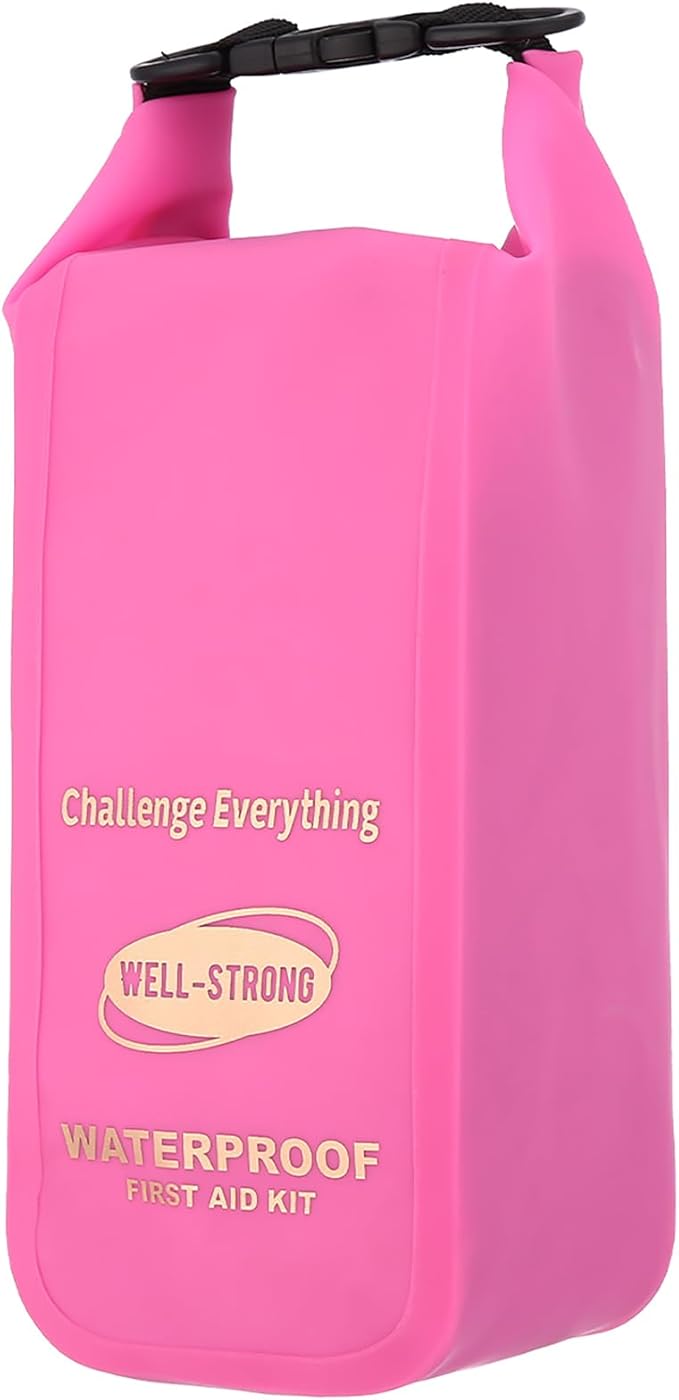 Boat First Aid Kit Waterproof, WELL-STRONG Marine Emergency Kit with Roll Top Dry Bag for Boating Fishing Kayaking – Water-Resistant Contents for Camping & Beach（Transparent Pink）