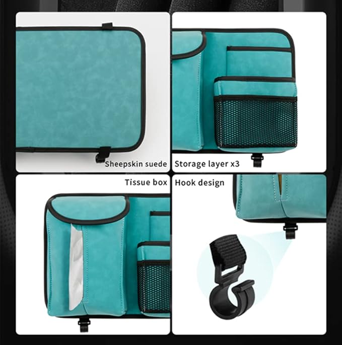 JEYODA Car Seat Back Organizer Large Capacity Car Seat Back Storage Bag with Hook Suede Car Tissue Box (Blue)