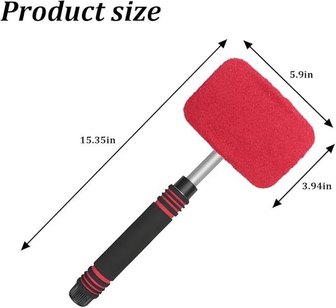HZEL Car Windshield Cleaner Tool with Extendable Handle, Vehicle Glass Wiper Window Cleaning Tool with 2 Reusable Microfiber Pad, Auto Windscreen Detailing Cleaner Kit, Universal Fit (Square Red)