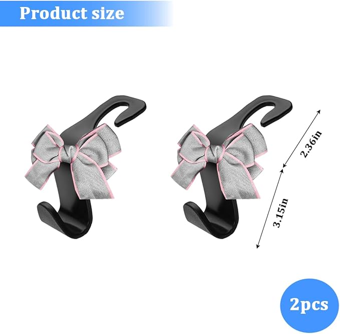 2PCS Car Seat Headrest Hooks, Cute Bow Vehicle Backseat Storage Hanger for Handbag Umbrella Coat, Automotive Seat Back Hook Holder Organizer Decor, Universal for Vehicles (Gray)