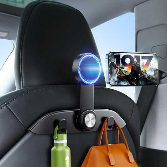 Tesla Model 3 Model Y Accessories 2025-2021, 4 in 1 Car Seat Hooks & 720 Degrees Adjustable Phone Holeder for Car Seat, Automotive Back Seat Back Organizers Hanger Holder Hook （Magnetic Type