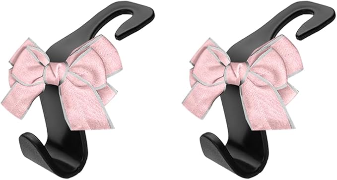 2PCS Car Seat Headrest Hooks, Cute Bow Vehicle Backseat Storage Hanger for Handbag Umbrella Coat, Automotive Seat Back Hook Holder Organizer Decor, Universal for Vehicles (Pink/Gray)