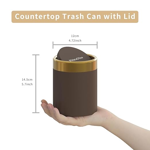 Countertop Trash Can with Lid for Desk Top,0.4 Gallon Stainless Steel Mini Trash Can for Desk、Car、Office、Kitchen,1.5L Swing Top Trash Bin with a Roll of Trash Bag(Brown)