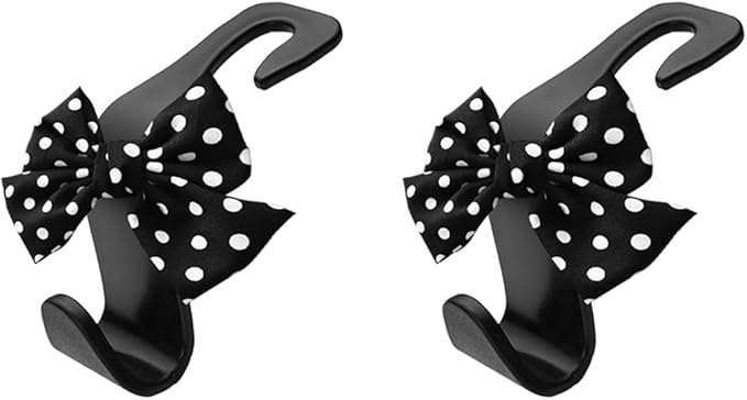 2PCS Car Seat Headrest Hooks, Cute Bow Vehicle Backseat Storage Hanger for Handbag Umbrella Coat, Automotive Seat Back Hook Holder Organizer Decor, Universal for Vehicles (Black Polka Dots)