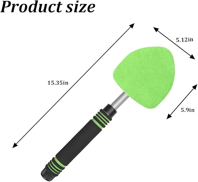 HZEL Car Windshield Cleaner Tool with Extendable Handle, Vehicle Glass Wiper Window Cleaning Tool with 2 Reusable Microfiber Pad, Auto Windscreen Detailing Cleaner Kit, Universal Fit (Triangle Green)