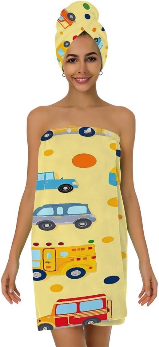 Women Bath Wrap Hair Towel Drying Cap Set Cartoon Cars Bus Pattern Soft Absorbent Bathrobe Shower Wraps with Adjustable Closure Spa Bath Robe