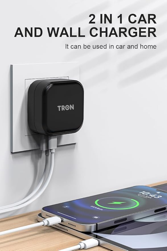 TRON Wall & Car Charger Travel Charging Station, 36W Dual USB-C & USB-A Fast Charger, Foldable for iPhone, iPad, Samsung Galaxy S22/S21, AirPods – TR17