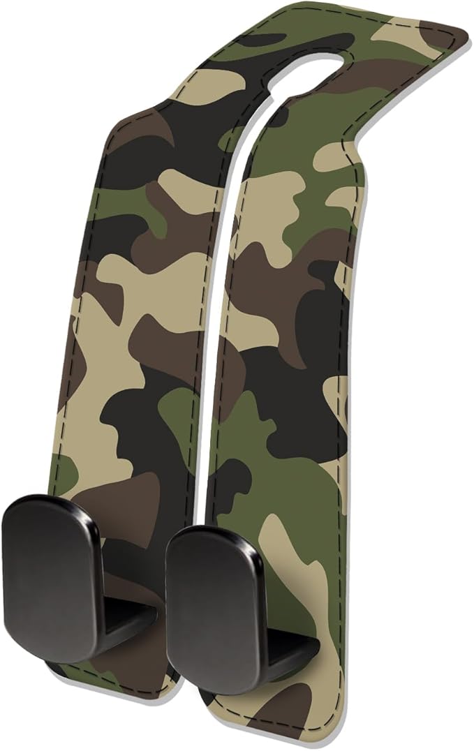 Car Seat Headrest Hook, Universal Leather Cute Hanger Holder Hook, Storage Organizer Interior Accessories for Purse Bags Handbag Green Camouflage