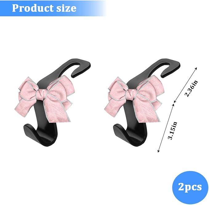 2PCS Car Seat Headrest Hooks, Cute Bow Vehicle Backseat Storage Hanger for Handbag Umbrella Coat, Automotive Seat Back Hook Holder Organizer Decor, Universal for Vehicles (Pink/Gray)