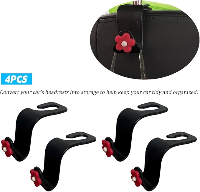 BESULEN Car Seat Headrest Hook, 4PCS Vehicle Seatback Organizer Hanger, Auto Seat Back Storage Hook for Grocery Bag Purse Handbag Umbrella, Universal Interior Accessories for Most Cars (Red)