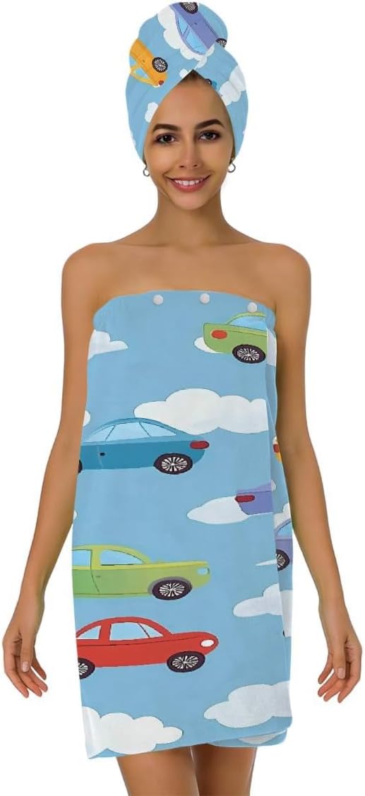 Women Bath Wrap Hair Towel Drying Cap Set Colorful Adorable Cars Clauds Soft Absorbent Bathrobe Shower Wraps with Adjustable Closure Spa Bath Robe