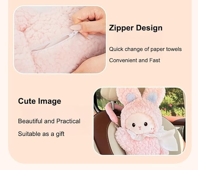 Car Tissue Holder Plush Animal Paper Towel Box Cute Rabbit Hanging Backseat Organizer for Cars Adorable Decorative Tissue Dispenser (Pink Rabbit)