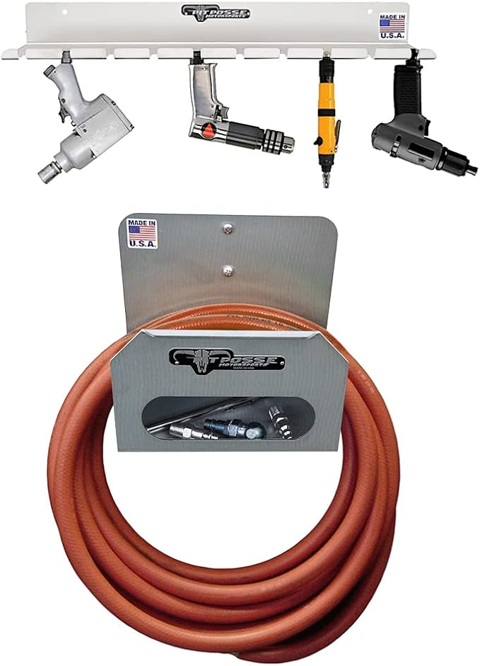 Pit Posse PP3359 Air Tool Pneumatic Rack Holder and Air Hose Hanger Combo- Made in USA- Aluminum Tool Organizer for Garage Trailer Workspace-Toy Hauler-Snowmobile-5th Wheel-Holds Up to 10 Air Tools