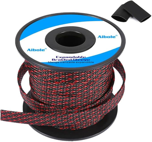 100Ft-1/8inch PET Expandable Braided Wire Sleeving,Wire Loom Cable Sleeve for TV,Computer,Home Theater,Automotive,Home Industrial,Electrical Wires,Chemical,Protect Cat from Chewing Cords,BlackRed