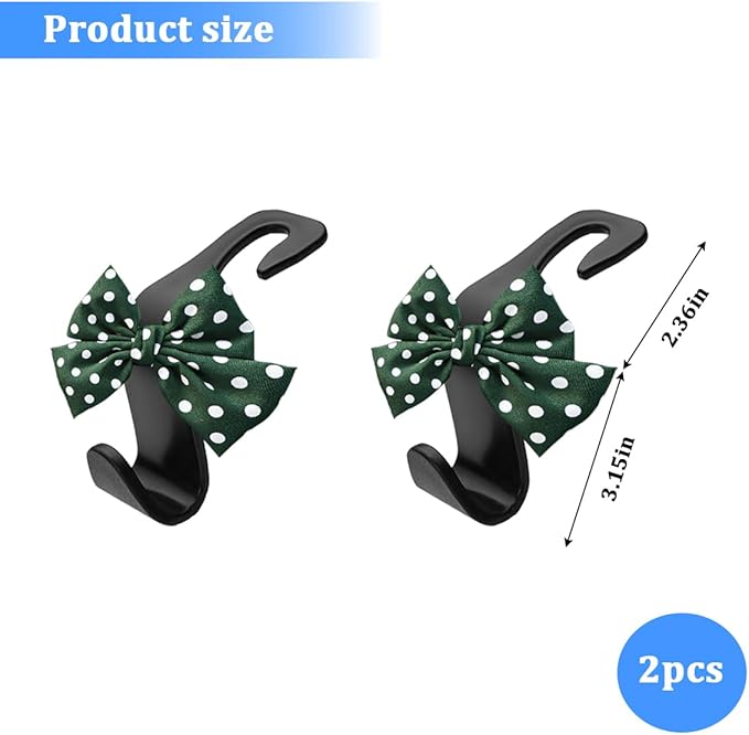 2PCS Car Seat Headrest Hooks, Cute Bow Vehicle Backseat Storage Hanger for Handbag Umbrella Coat, Automotive Seat Back Hook Holder Organizer Decor, Universal for Vehicles (Green Polka Dots)