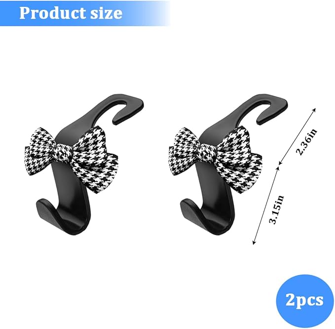 2PCS Car Seat Headrest Hooks, Cute Bow Vehicle Backseat Storage Hanger for Handbag Umbrella Coat, Auto Seat Back Hook Holder Organizer Decor, Universal for Vehicles (Small Black Houndstooth)