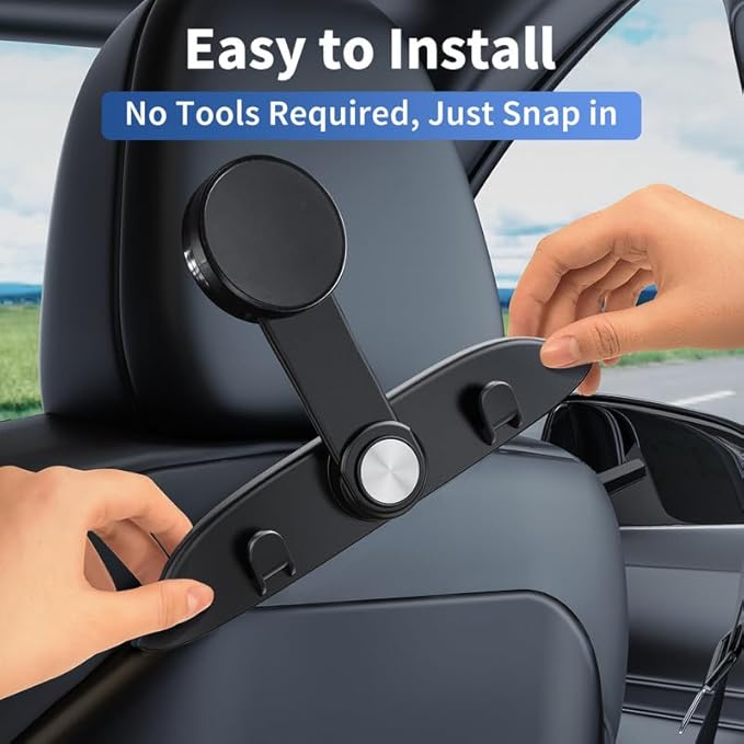 Tesla Model 3 Model Y Accessories 2025-2021, 4 in 1 Car Seat Hooks & 720 Degrees Adjustable Phone Holeder for Car Seat, Automotive Back Seat Back Organizers Hanger Holder Hook （Magnetic Type