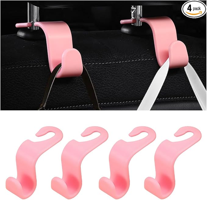 Car Seat Headrest Hooks, 4PCS Multifunctional Vehicle Back Seat Storage Hanger Holder for Hangbag Coat Grocery, Auto Interior Headrest Hook Organizer, Universal for Vehicles (Pink)