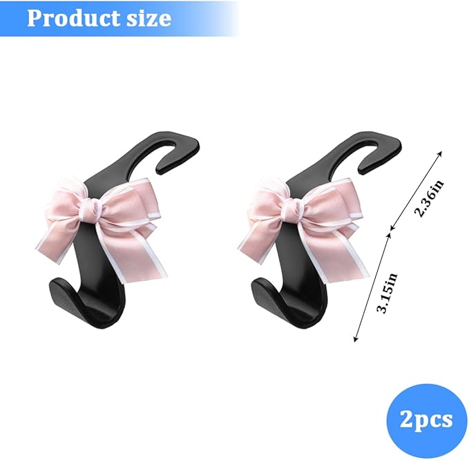 2PCS Car Seat Headrest Hooks, Cute Bow Vehicle Backseat Storage Hanger for Handbag Umbrella Coat, Automotive Seat Back Hook Holder Organizer Decor, Universal for Vehicles (Pink)
