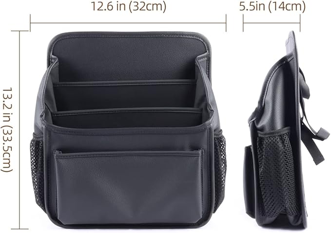 Front Seat Organizer Car Upholstery Leather Passenger Seat Storage Bag Large Durable Car Organizer with Adjustable Strap Multiple Compartments Mesh Bags Cup Holders (black)