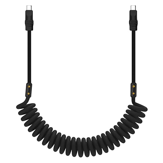 chubbycable Curly Chubby 240W Coiled USB C Cable Retractable Fast Charging Cable for Car Charger Cord Compatible with iPhone 17-15 Series, Black, Type-C to Type-C, 2.29FT-3.6FT