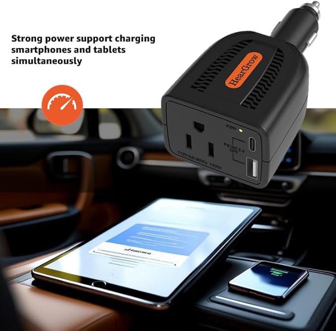 HearGrow100w Car Power Inverter, 12V DC to 110V AC Vehicles Converter with USB Ports，Plug Adapter Outlet and Fast Charging PD3.0 Type-C for Phones, Pads, Laptops and Computer Charger