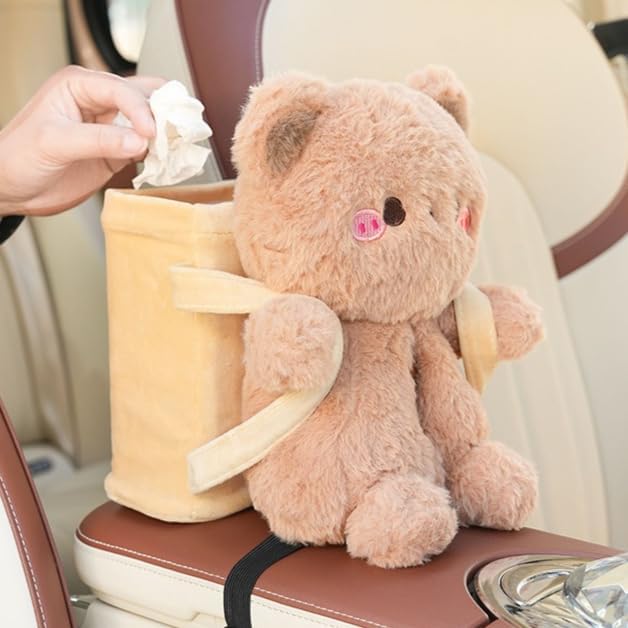 2-in-1 Car Tissue Holder & Trash Bin Organizer Cute Plush Bear/Rabbit/Capybara for Armrest Easy to Install Soft & Adorable (Capybara)