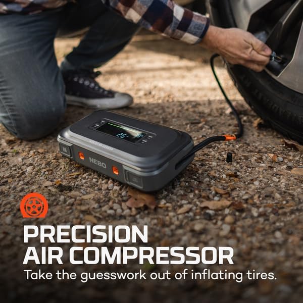 NEBO Assist Air 2000XP Jump Starter and Air Compressor | 55.5Wh Power Supply Box Restarts 12V Battery Vehicles, 150 PSI Air Compressor Inflates Tires, Integrated Floodlight, USB Ports, TSA Approved
