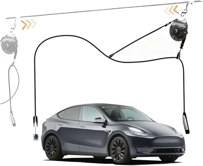 EV Charger Retractable Cord Reel, Sliding Ceiling Cableway, Overhead EV Charging Cable Organizer for 2-Car Garage, 6.6 ft Reach, Tesla NACS & J1772 Compatible