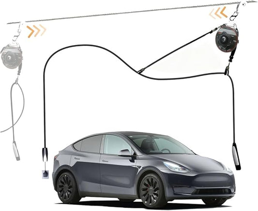 EV Charger Retractable Cord Reel, Sliding Ceiling Cableway, Overhead EV Charging Cable Organizer for 2-Car Garage, 6.6 ft Reach, Tesla NACS & J1772 Compatible
