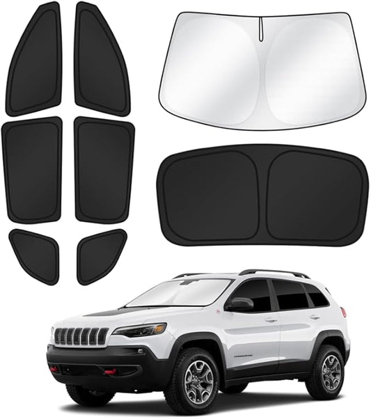 Canvcle Sunshades for Jeep Cherokee 2014-2023 (Not for Jeep Grand Cherokee) Windshield Sun Shade Side Rear Window Shade Cover Sun Visor Shield Privacy Protection Keep Vehicle Cool Black 8PCS