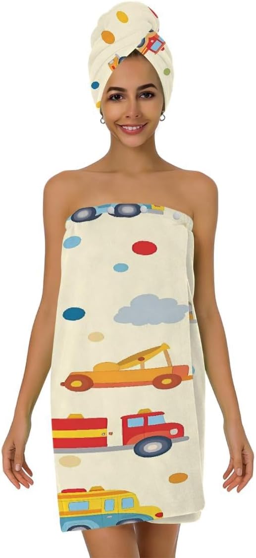 Women Bath Wrap Hair Towel Drying Cap Set Colored Trucks Cars Polka Dots Soft Absorbent Bathrobe Shower Wraps with Adjustable Closure Spa Bath Robe