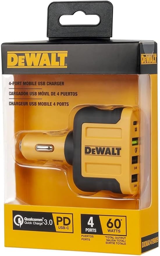 DEWALT Heavy Duty 4 Port USB C Car Charger Multiport, Fast 60W USB Cigarette Lighter Adapter, PD Type C Multi Car Phone Charger, Cell Phone Automobile Chargers Compatible iPhone 17/16/15 Samsung