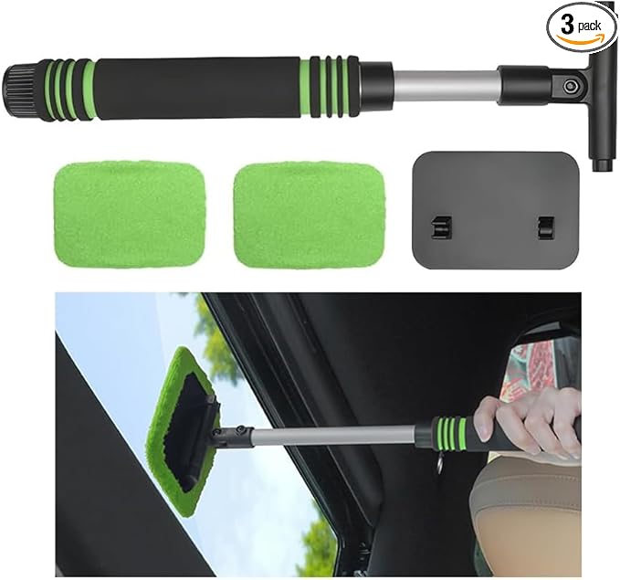 HZEL Car Windshield Cleaner Tool with Extendable Handle, Vehicle Glass Wiper Window Cleaning Tool with 2 Reusable Microfiber Pad, Auto Windscreen Detailing Cleaner Kit, Universal Fit (Square Green)