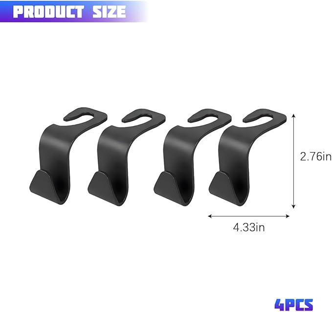 Car Seat Headrest Hooks, 4PCS Multifunctional Vehicle Back Seat Storage Hanger Holder for Hangbag Coat Grocery, Auto Interior Headrest Hook Organizer, Universal for Vehicles (Black)