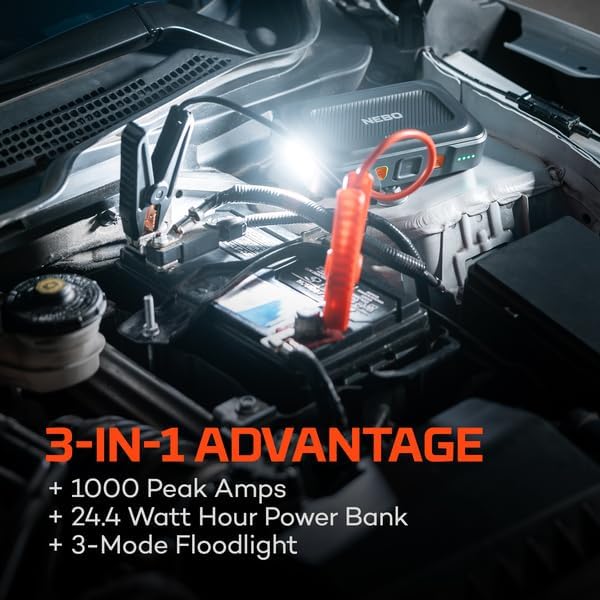 NEBO Assist 1000XP Portable Car Battery Jump Starter | 24.4Wh Power Supply Jump Box Restarts 12V Cars & ATVs, 25 Battery Boosts from 1 Charge, Integrated Emergency Floodlight, USB Ports, TSA Approved