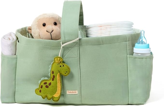 Folkulture Baby Diaper Caddy | Cotton Diaper Bag for Kids - Stylish Comfort Spacious Travel Essential Cart | Nursery Storage Bin and Car Organizer for Diapers, Wipes - (Sage Green - 15")