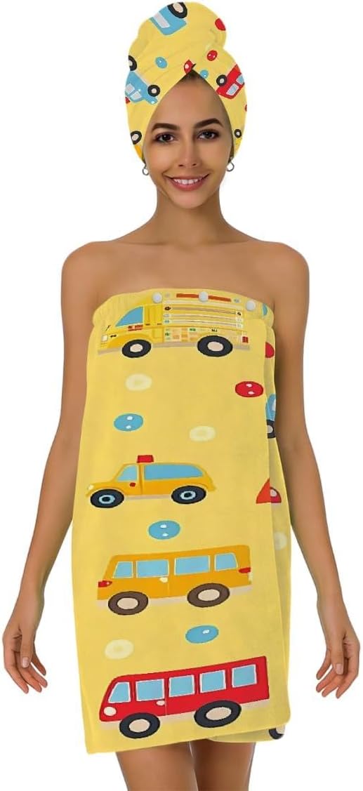 Women Bath Wrap Hair Towel Drying Cap Set Cute Cartoon Cars Bus Soft Absorbent Bathrobe Shower Wraps with Adjustable Closure Spa Bath Robe