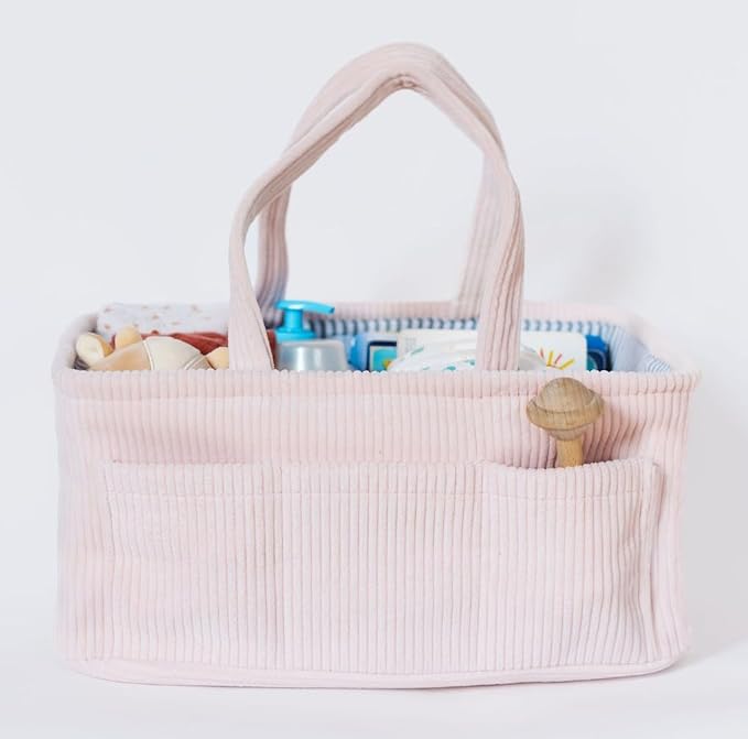 Diaper Caddy Organizer - Baby Pink Curdoroy Baby Storage Bin for Nursery & Car | Baby Shower Basket & registry Essential