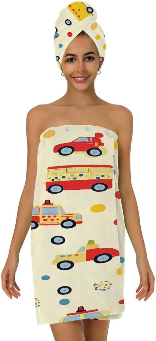 Women Bath Wrap Hair Towel Drying Cap Set Colorful Cars Bus Polka Dot Soft Absorbent Bathrobe Shower Wraps with Adjustable Closure Spa Bath Robe