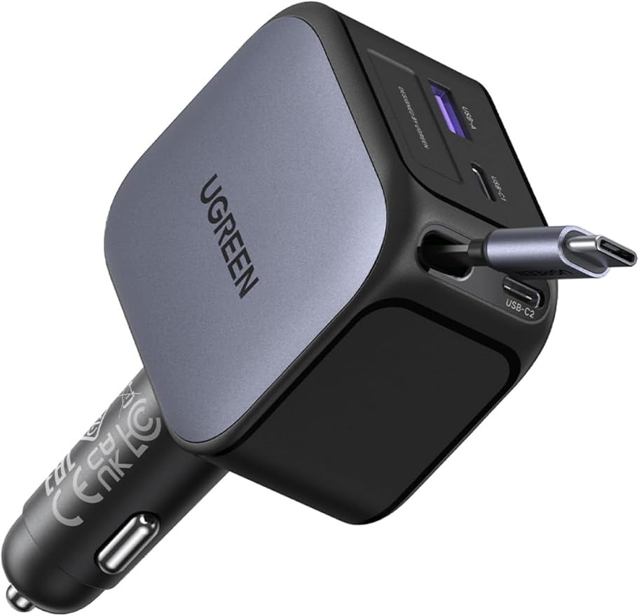 UGREEN 145W 4-Port Retractable Car Charger, 3C1A USB C Fast Charger with 60W Retractable Cable, Cigarette Lighter Adapter Compatible with MacBook Pro, iPhone 17/16, Galaxy S25/S24 Ultra, iPad, Laptop