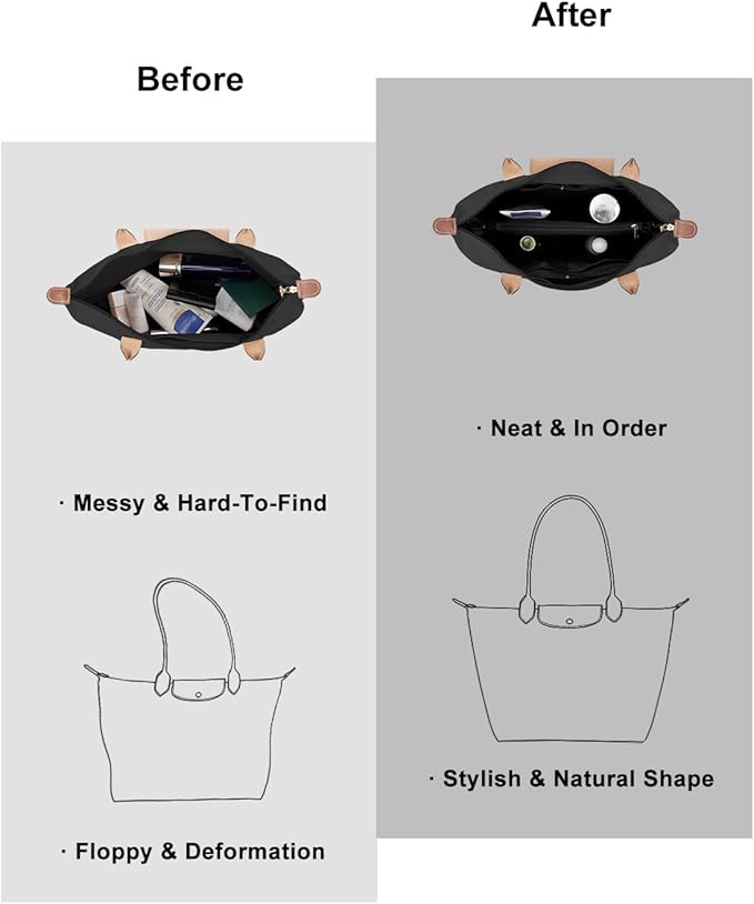 ZTUJO Purse Organizer Insert For Handbags,Mesh Bag Organizer Insert With Zipper Bag Tote Shaper Fit Speedy Neverful PM MM le Pliage,Light Weight (Black, X-Large)