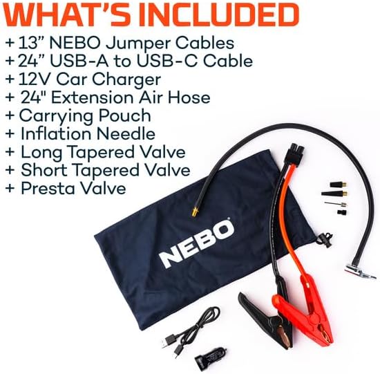 NEBO Assist Air 2000XP Jump Starter and Air Compressor | 55.5Wh Power Supply Box Restarts 12V Battery Vehicles, 150 PSI Air Compressor Inflates Tires, Integrated Floodlight, USB Ports, TSA Approved