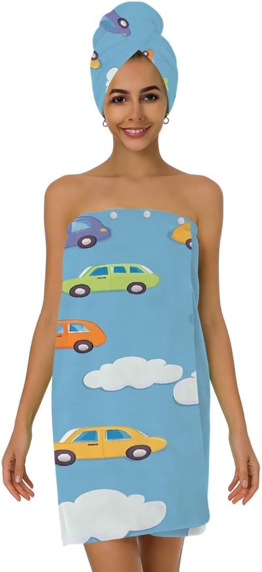 Women Bath Wrap Hair Towel Drying Cap Set Cute Adorable Cars Soft Absorbent Bathrobe Shower Wraps with Adjustable Closure Spa Bath Robe
