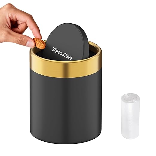 Desktop Trash can with Lid,0.4 Gal Stainless Steel Counter Top Trash Can Mini Bathroom Trash Can for Car,Office,Kitchen,Desk,a Roll of Trash Bag(Black)